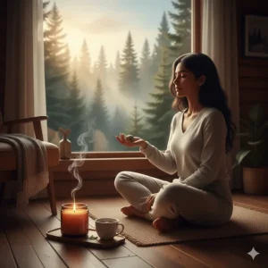 Illustration of a morning meditation routine with a sandalwood candle and a view of a pine forest.