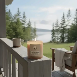 A clean linen candle on a porch overlooking a Canadian lake, representing the crisp scent of lakeside air.