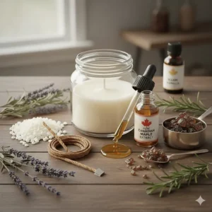 An infographic showing natural soy wax, a wooden wick, and pure Canadian maple syrup extracts for eco-friendly candles.