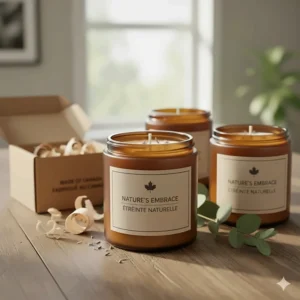 Illustration of eco-friendly soy wax scented candles made in Canada with sustainable packaging.