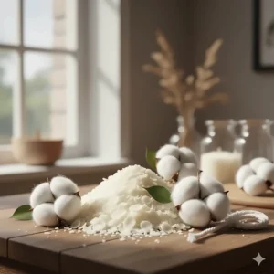 Illustration of natural soy wax flakes and cotton flower petals used in clean linen scented candles.