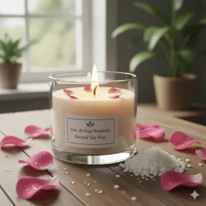 Illustration showing the clean-burning benefits of natural soy wax rose scented candles for eco-conscious shoppers.