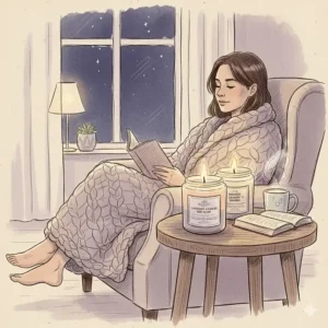 A peaceful scene of a person reading by the light of lavender candles for sleep to help unwind after a long day.