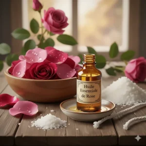 Stylized illustration of fresh pink rose petals and essential oils used in premium rose scented candles.