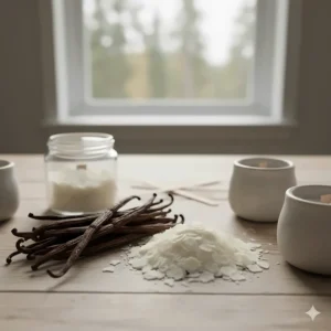 Illustration of raw vanilla beans and soy wax flakes used in premium Canadian-made candles.
