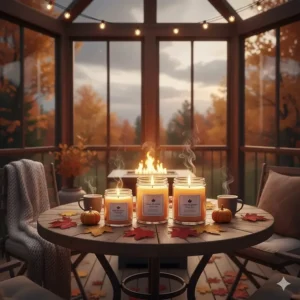 An insulated patio setup in Quebec featuring glowing apple cider candles to extend the autumn outdoor season.