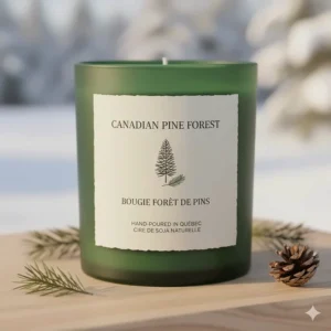Minimalist illustration of a candle label featuring "Canadian Pine Forest" and "Bougie Forêt de Pins" for the Canadian market.