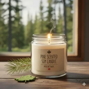 High-detail close-up of a pine-scented soy candle with a "Made in Canada" maple leaf label on a rustic wooden surface.