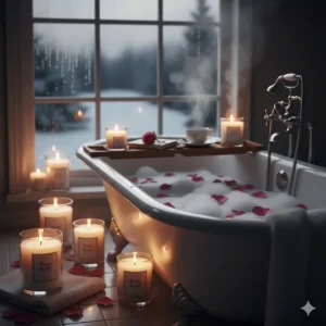 A calming illustration of a bathtub surrounded by glowing rose scented candles, evoking a spa-like atmosphere.