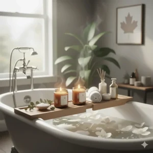 Soothing illustration of vanilla candles used for relaxation and self-care in a Canadian home spa setting.