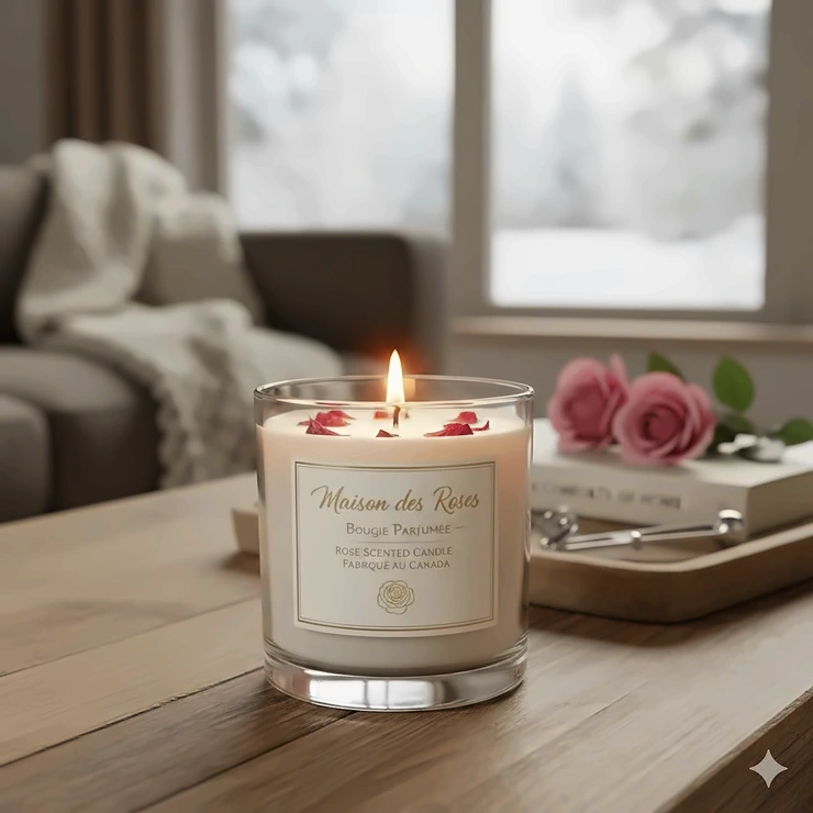 A luxury rose scented candle burning on a reclaimed wood coffee table in a cozy Canadian living room with soft lighting.