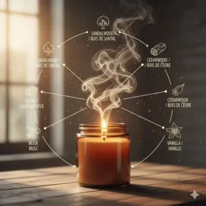 Diagram of scent notes in sandalwood candles, labeled in English and French (bois de santal) for Canadian SEO.