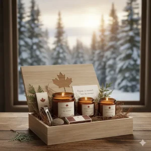 Illustration of a premium sandalwood candle gift set, perfect for Canadian wellness enthusiasts.