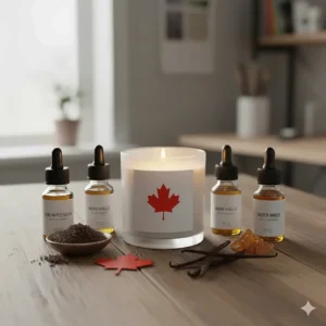 A visual breakdown of scent notes including maple sugar, warm vanilla, and amber for a premium Canadian candle.