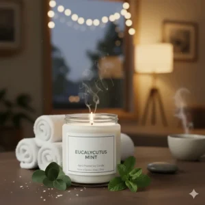 Softly lit room with the glow of a eucalyptus mint candle, providing a therapeutic spa ambiance for evening relaxation.