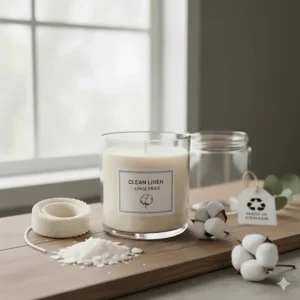 Minimalist illustration of a clean linen candle with a lead-free cotton wick and recyclable glass jar.