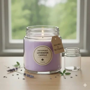 Minimalist illustration of a reusable glass jar containing lavender candles for sleep, emphasizing Canadian sustainability.