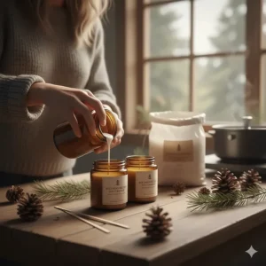 Illustration of sustainable soy wax candles hand-poured in Canada, decorated with local pine cones.