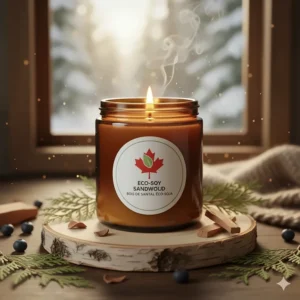 Eco-friendly soy-based sandalwood candle with a maple leaf icon, highlighting sustainable Canadian ingredients.