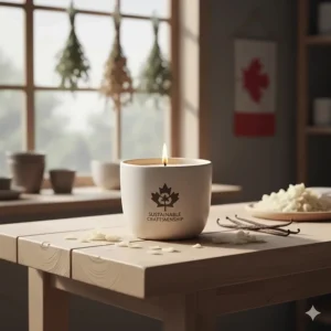 Eco-friendly vanilla soy candles with wooden wicks, highlighting sustainable Canadian craftsmanship.