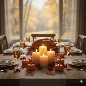 A Canadian Thanksgiving tablescape decorated with mini pumpkins and spiced apple cider pillar candles.