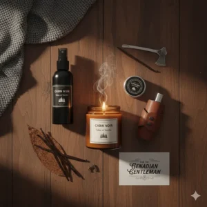 A flat-lay illustration of a masculine candle gift set, perfect for Canadian Father's Day or holiday gifting.