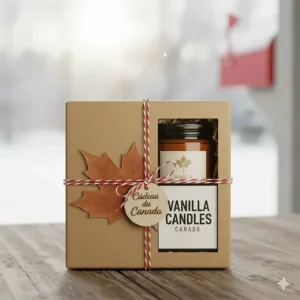 A beautifully wrapped vanilla candle gift box ready for shipping across Canada.