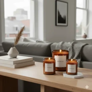 Modern amber jar vanilla candles styled in a bright, Montreal-inspired minimalist apartment.