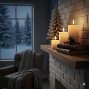 Warm vanilla candles glowing on a mantlepiece during a Canadian winter evening.