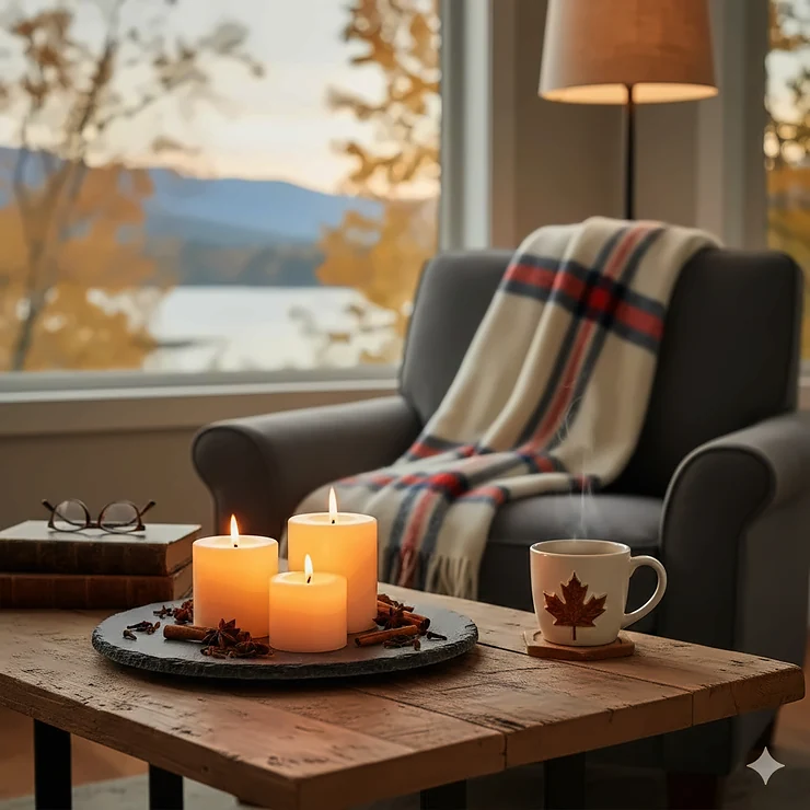 A cozy Canadian living room featuring warm cinnamon candles for fall on a reclaimed wood coffee table with a wool Hudson Bay style blanket.