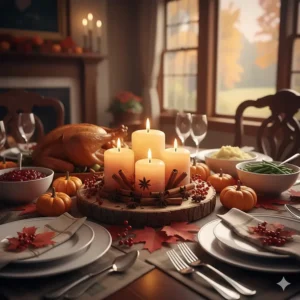 A festive Canadian Thanksgiving dinner table illustration featuring warm cinnamon candles as a centerpiece among miniature pumpkins.