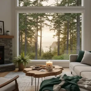 A West Coast Canada-inspired room featuring sea salt and driftwood candles to evoke a Vancouver Island vibe.