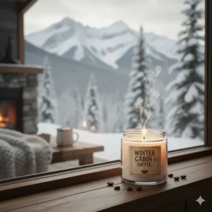 Illustration of a flickering coffee shop candle on a cabin windowsill, with a view of the Canadian Rockies in the distance.
