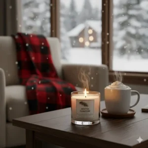 A "Winter Campfire" scented candle next to a steaming mug of cocoa, with snow falling outside a large window in the background.