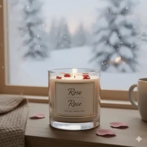 Illustration of rose scented candles flickering near a frosted window, bringing floral warmth to a cold Canadian winter night.