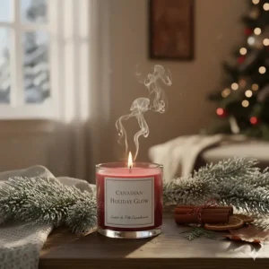 Cozy holiday-themed scented candles with pine needles and cinnamon sticks for a Canadian winter.