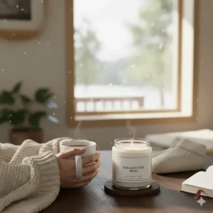 Using a eucalyptus mint candle for winter self-care in Canada to refresh indoor air and boost mood.