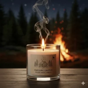 A wood-wick campfire candle burning brightly in the foreground with a soft-focus bonfire and pine forest in the background.