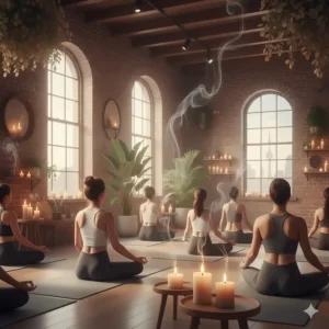 Digital art of a serene yoga space in Toronto featuring sandalwood candles for meditation and relaxation.