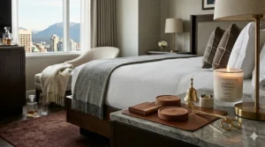 A cozy Banff-inspired mountain lodge interior with a premium candle emitting a woody, cedarwood fragrance typical of five-star Canadian resorts.