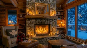 Cozy basement apartment fireplace utilizing smokeless candles to avoid triggering sensitive smoke detectors.