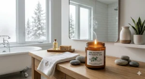 A bright Canadian bathroom with a bilingual sea salt and eucalyptus scented candle, grey river stones, and a maple leaf patterned hand towel.