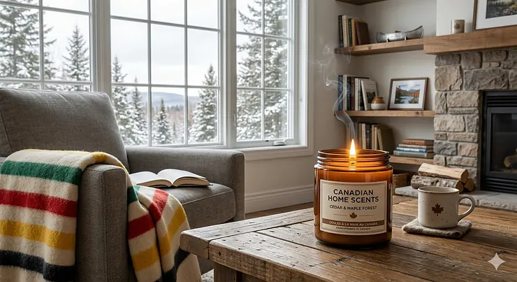 A cozy living room in Canada featuring a lit soy candle on a wooden coffee table with a snowy pine forest visible through the window. candle scents for each room