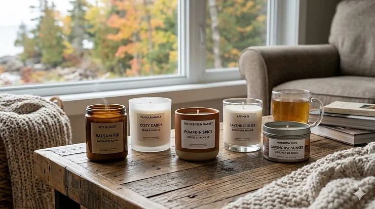 A collection of the strongest scented candles brands in Canada featuring high-throw soy wax jars on a cozy wooden table with a knit throw blanket.