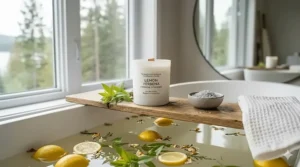 Close-up of a candle label featuring "Lemon Verbena" and "Verveine Citronnée" text, catering to the bilingual Canadian market.
