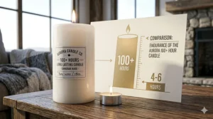 A photorealistic comparison graphic set on a rustic wooden table, contrasting a large 100+ Hours long lasting pillar candle with a tiny standard tealight.