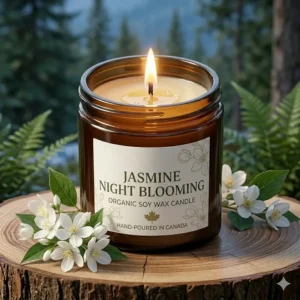 Close-up of a steady flame on a jasmine night blooming candle, highlighting the clean-burning cotton wick and premium wax.