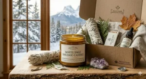 A curated wellness gift box containing white sage smudge candles, matches, and a cedar sprig, perfect for Canadian holidays.