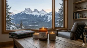 A minimalist graphic of a Canadian winter cabin interior warmed by the glow of non-toxic soy candles for a hygge atmosphere.