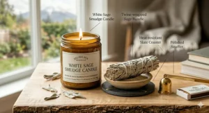 Infographic illustration showing how to safely burn white sage smudge candles on heat-resistant surfaces.